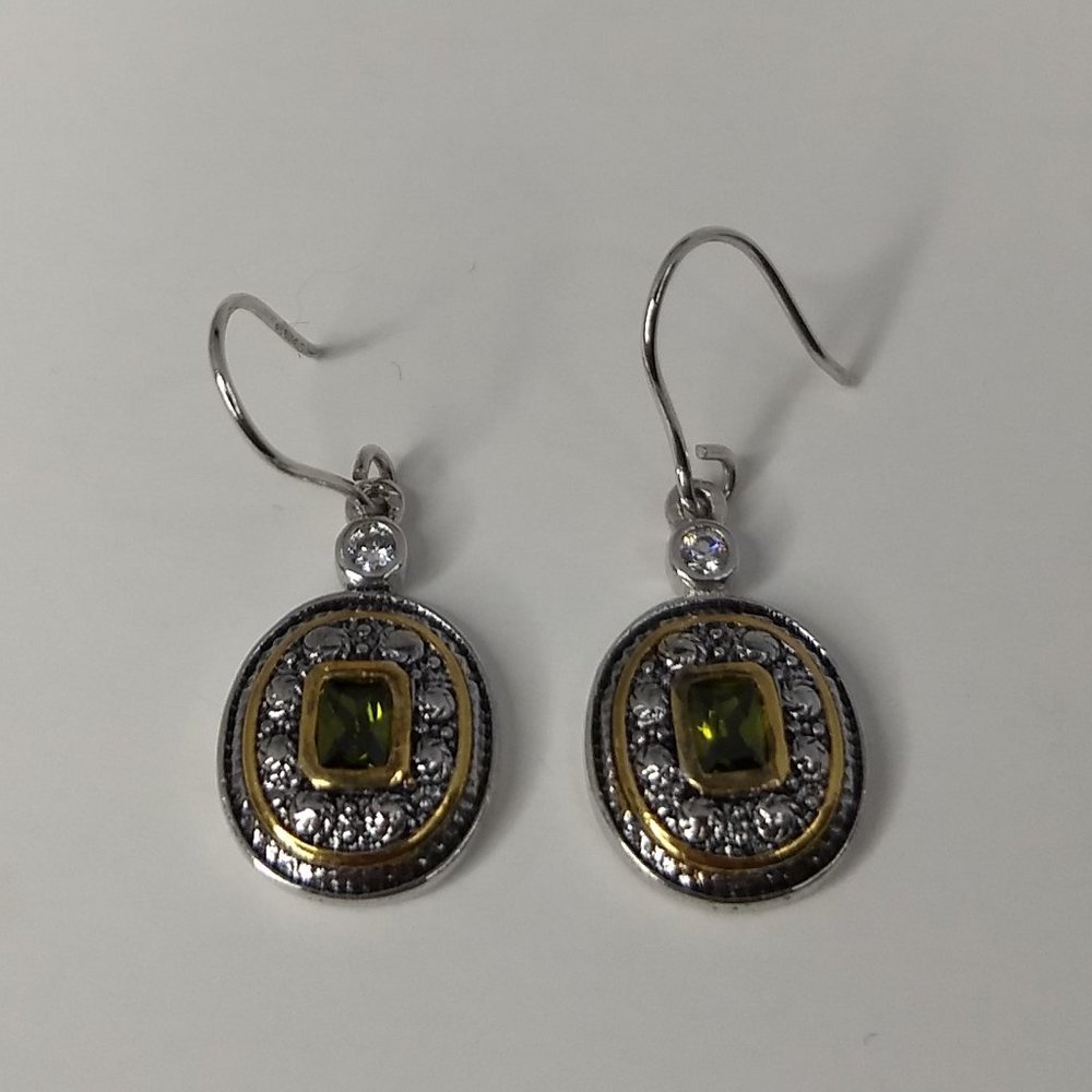 Sterling Silver Green Gold Tone Round Dangle Earrings Marked ATI 925 Thailand